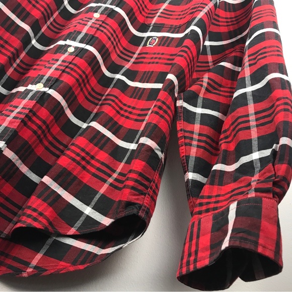 VTG Tommy Hilfiger XL Red Tartan Plaid Long Sleeve Button Up Shirt Crest Logo - Picture 8 of 16